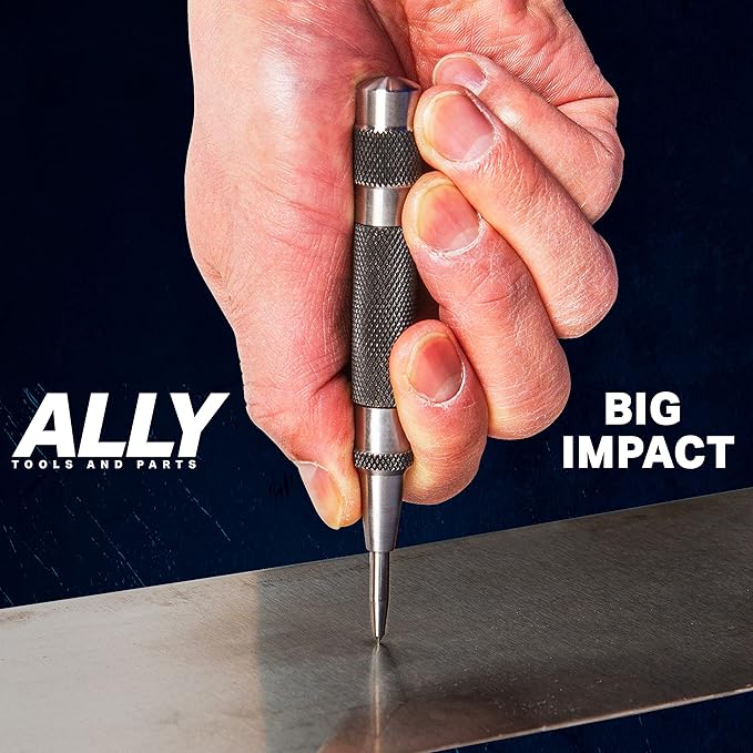 ALLY Tools Heavy Duty Automatic Center Punch w/Hardened Steel – 2PC Premium Automatic Center Punch for Metal for Machinists and Carpenters w/Adjustable Knurled Cap, Spring Loaded and Hard-Shell Case