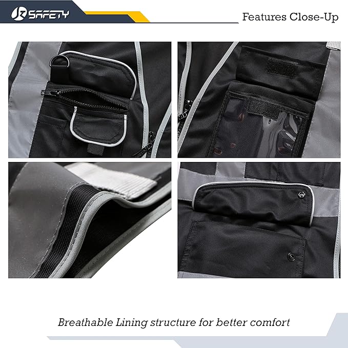 JKSafety 9 Multi-Functional Pockets Zipper Front Safety Vest With Reflective Strips Meet ANSI/ISEA Standards (150-Black, X-Large)