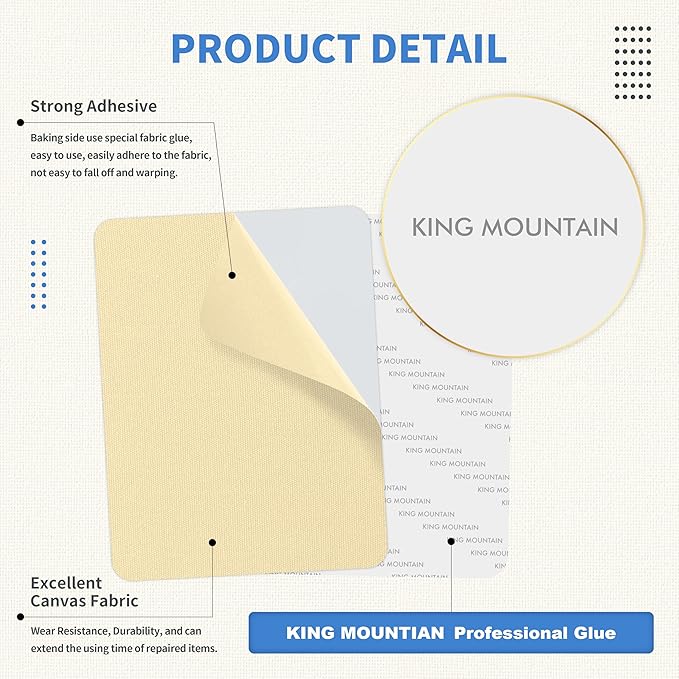 KING MOUNTAIN Canvas Repair Patch 9 x11 Inch 4 Pcs Self-Adhesive Waterproof Fabric Patch for Sofas, Tents, Furniture,Tote Bags, Car Seats (Beige)