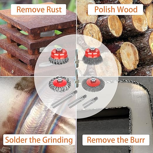 9 Pack Wire Wheel Brush kit with 5/8"-11 Thread Grinder Extension Rod & Drill Adapter,4" & 3" Wheel Cup Wire Brushes(Wire Wheel Set with Grinder Extension Rod & Drill Adapter)