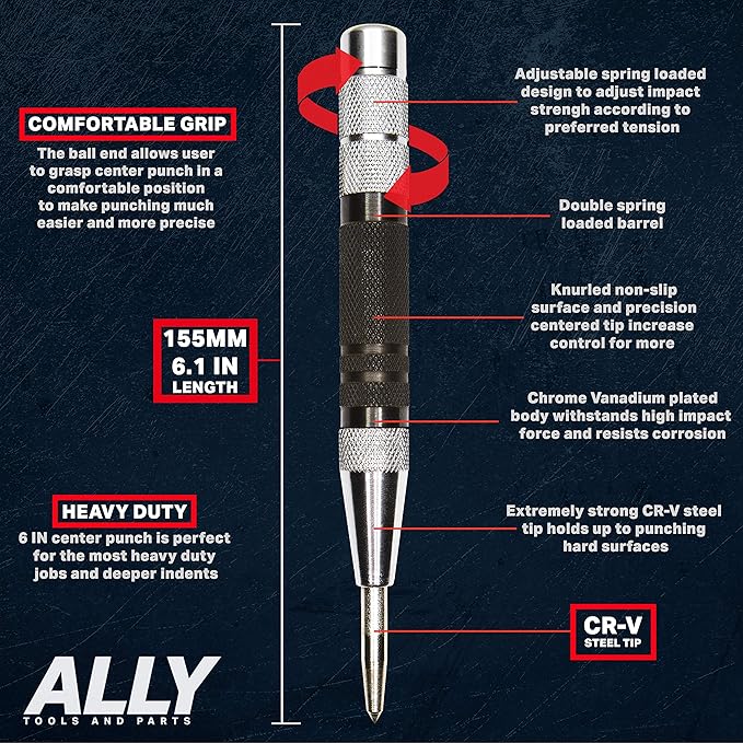 ALLY Tools Super Strong 3 PC SET of 6 Inch Heavy Duty Automatic Center Punch, Perfect Automatic Center Punch for Metal, Wood, Plastic, Glass, and Marble – Features Spring Loaded Center Punch Design