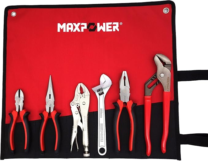 MAXPOWER 6 Pieces Wrench and Pliers Set, Come with Kitbag, Included 8" Long Nose and Lineman's Plier, 8" Adjustable Wrench, 6" Diagonal Cutter, 7" Locking Pliers, 10" Groove Joint Plier