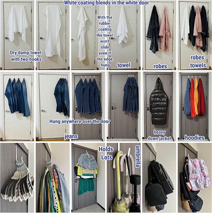 Over The Door Metal Hooks with Plastic Coating 5.5" Fit 0.5" to 1 3/8" Door 8 Pcs Heavy Duty Single Towel Robe Rack Wreath Bathroom Shower Hanger Shoe Organizer Ironing Board Short White
