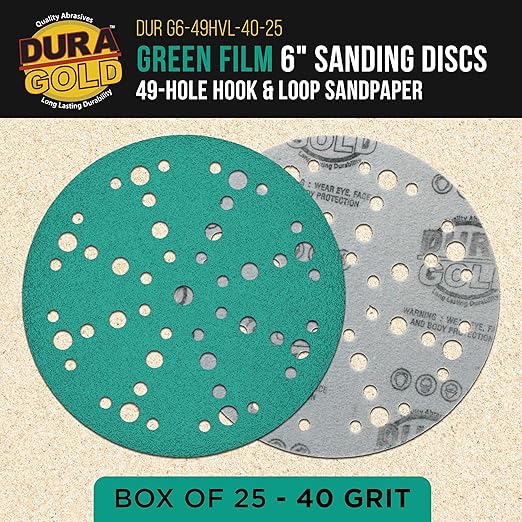 Dura-Gold Premium 40 Grit 6" Green Film Sanding Discs, 49-Hole Pattern, Box of 25 - Heavy-Duty Dustless Hook & Loop Backing Sandpaper for DA & Random Orbital Sanders, Sand Auto Paint, Wood Furniture