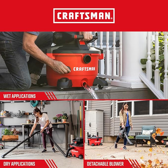 CRAFTSMAN CMXEVBE17606 12 Gallon 6.0 Peak HP Wet Dry Vac with Detachable Leaf Blower, Portable Shop Vacuum Wet and Dry with Filter, Dust Bags, Hose and Attachments for Garage, Outdoor Cleaning