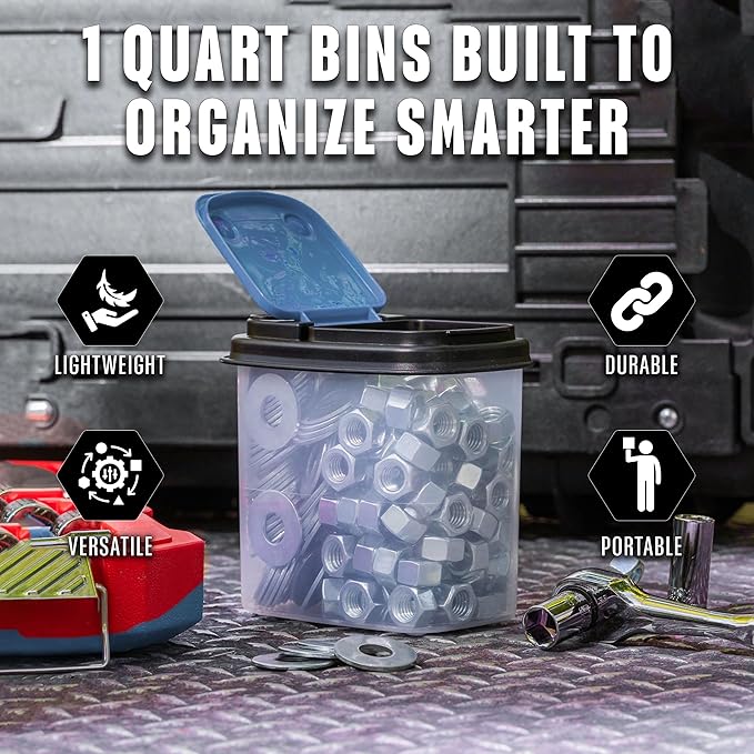 Buddeez Multi-Purpose Hardware Storage Bins Bits and Bolts Small Storage Containers, Hardware Organizers, Clear Containers With Blue Stackable Lids, Bolt and Screw Organizer (1 Quart - 12 Pack)