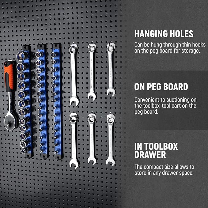 ALOANES Magnetic Socket Organizer, 1/4-Inch Drive Aluminum Socket Holder Socket Tray, Heavy Duty Socket Rail Organizer for Tool Box Drawer, 360°Swivel Clips Socket Rack 1/4-Inch x 14 Clips (Blue)