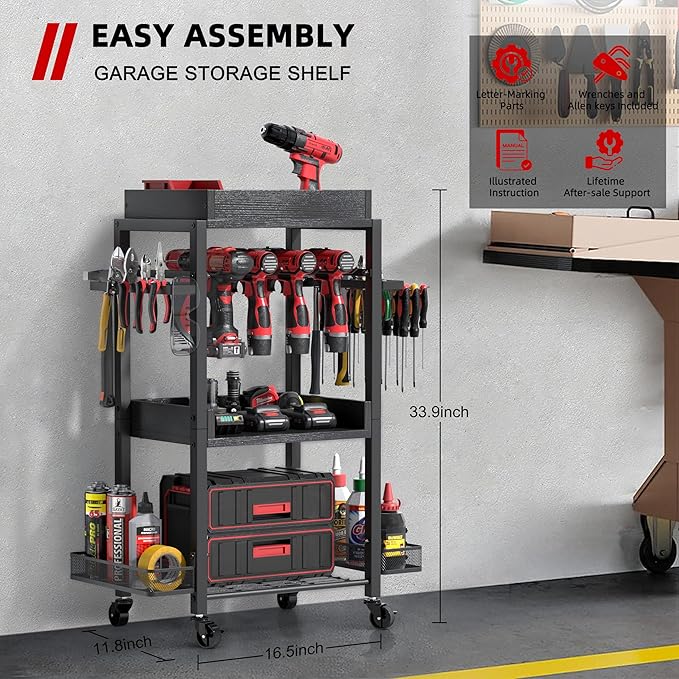 DEWALT Power Tool Organizer - Garage Storage Shelving with Rolling Cart & Open Tool Chest Cabinet Box Organizer with Wheels - Workshop & Gift Ideas for Men, Dad