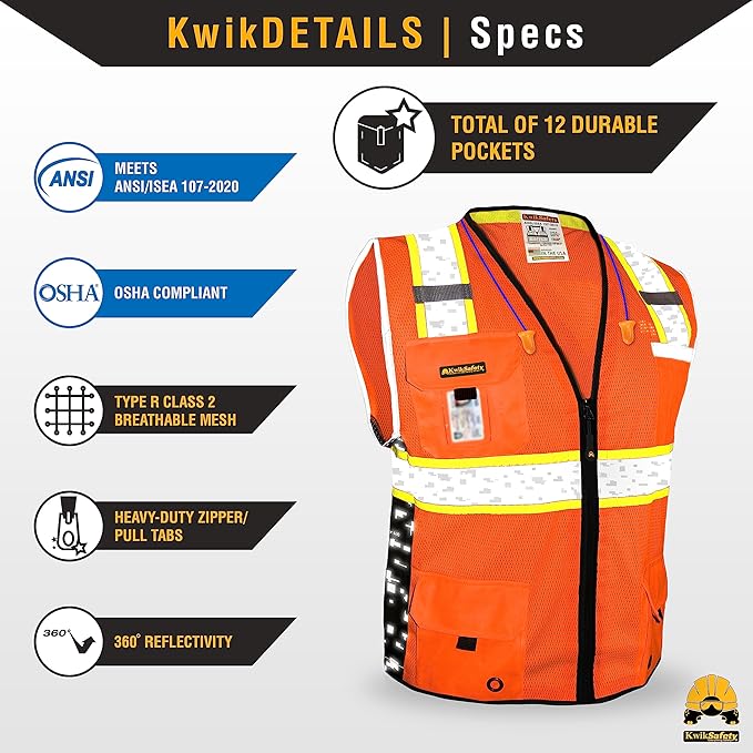 KwikSafety - BIG KAHUNA DIGITAL Safety Vest [LIMITED EDITION] Class 2 ANSI OSHA Reflective Vest Durable High Visibility Vest Construction Safety Vest for Men Industrial Work Gear/Orange Medium