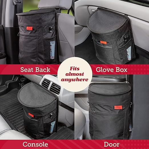Lusso Gear Car Trash Can with Lid and Removeable Liner, Hanging Car Trash Bag with Hooks, Waterproof Fabric Car Garbage Bin, Automotive Travel, Trashcan car Accessories, for Truck Van and SUV (Red)