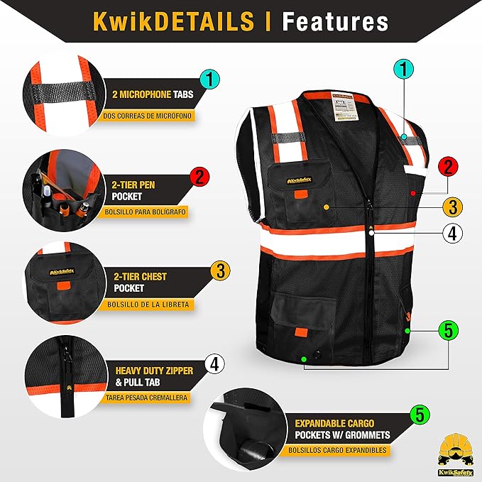 KwikSafety - Charlotte, NC - UNDERBOSS Safety Vest [11 POCKETS] Premium ANSI Class Unrated High Visibility Vest Construction Surveyor Reflective Vest Industrial Work Safety Vest for Men/Black 2XL