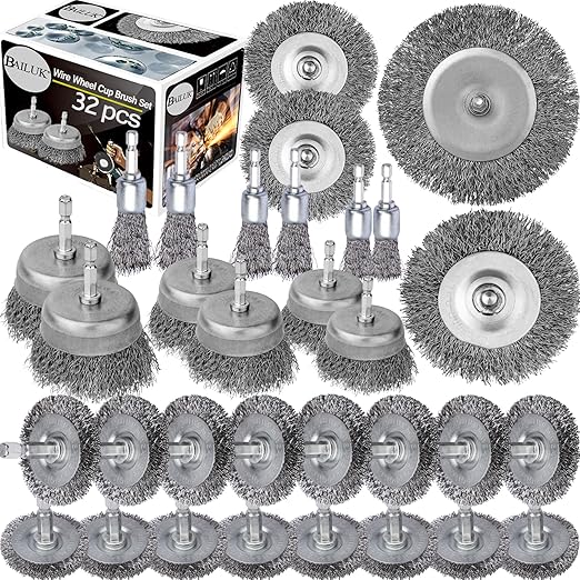 Wire Wheel Cup Brush Set,0.012-Inch Coarse Crimped Carbon Steel,Die Grinder Wire Brush for Drill,1/4In Hex Shank,Wire Drill Brush Set (32 Pack)