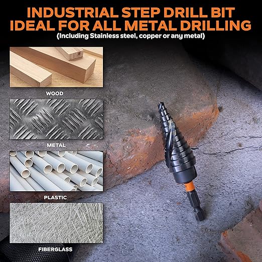 KSEIBI 12 Steps 3/16-7/8 inch SAE Standard Industrial Grade Step Drill Bit Ready Impact 1/4 inch Shank, 575078 High-Speed Steel Metal Drill Bits Black Oxide M2 Material