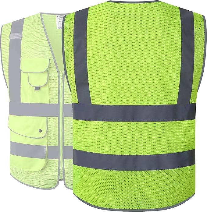 JKSafety 9 Pockets High Visibility Safety Vest for Men and Women, Hi-Vis Reflective Yellow Safety Vests with Zipper Front, Meet ANSI/ISEA Class 2 Type R(159-Yellow XL)
