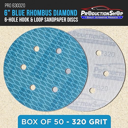 Premium 320 Grit 6" Rhombus Diamond Shape Blue Sanding Discs, 6-Hole, Box of 50 - Hook & Loop Anti-Clogging J-Cloth Dustless Sandpaper for Random Orbital Sanders, Sand Auto Paint, Wood