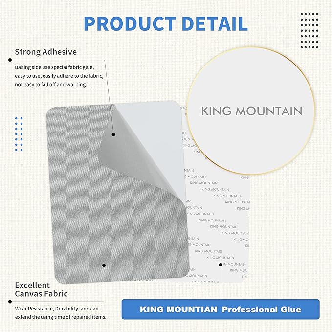 KING MOUNTAIN Canvas Repair Patch 9 x11 Inch 2 Pcs Self-Adhesive Waterproof Fabric Patch for Sofas, Tents, Furniture,Tote Bags, Car Seats (Grey2.0)