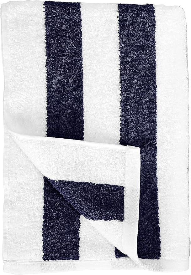 Amazon Basics 100% Cotton Terry Absorbent Cabana Stripe Pool & Beach Towels, Soft, Large, and Thick, 2-Pack, Navy Blue, 30 in x 60 in