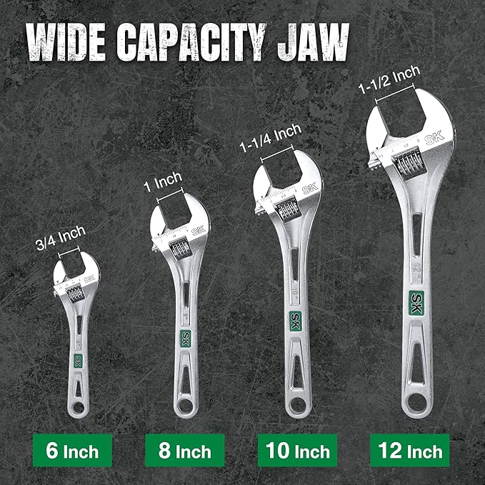 SK 8-Inch Adjustable Wrench, 1" Jaw Capacity, Cr-V Steel, SAE&Metric Scales
