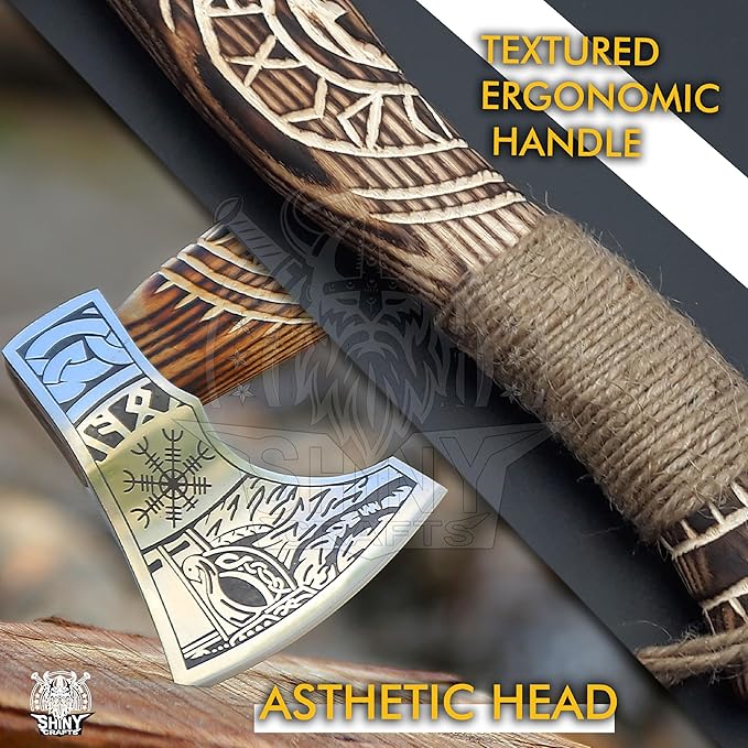 SHINY CRAFTS | Custom Handmade Carbon Steel Viking Axe,Valentine's Day Gift, Birthday Gift for him, Leather Wrapped Handle and Leather Sheath (VBA-19) (VBA-14)