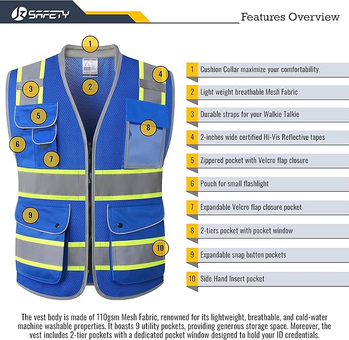 JKSafety 9 Pockets Hi-Vis Safety Vest Breathable Mesh Fabric Cushioned Collar Work Utility PPE Lightweight Industrial Work Gear ANSI/ISEA compliant (101-Blue XL)