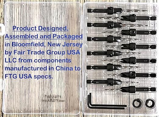 FTG USA Countersink Drill Bit Set for Wood with Tapered Drill Bit 3 Pc #4 (7/64"), 6 Pc #6 (9/64"), 3 Pc #8 (11/64")