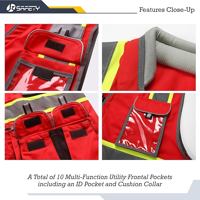 JKSafety 10 Pockets Hi-Vis Zipper Front Fluorescent Red Safety Vest | Cushioned Collar | High Reflective Tapes with Extended Neon Yellow Strips | Meets ANSI/ISEA Standards (X-Large, 89-Red)