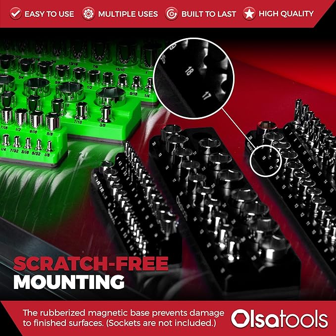 Olsa Tools Magnetic Socket Organizer | 6 Piece Socket Holder Set | 1/2-inch, 3/8-inch, & 1/4-inch Drive | Metric Black, SAE Green | Holds 143 Sockets | Professional Quality Tool Organizers