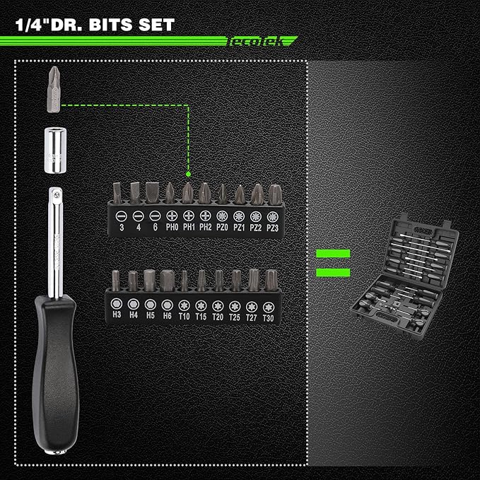 94pcs 1/4" & 3/8" Drive Socket Set, Socket Wrench Set with Ratchet Handle, Extention Bar, Adapter, Screwdriver Bit Set, Spark Plug Socket, CR-V, Metric/SAE, Deep/Shallow, Mirror Chrome Finish