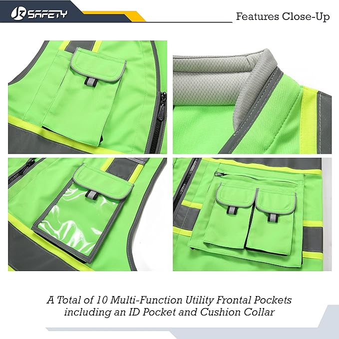 JKSafety 10 Pockets Hi-Vis Zipper Front Fluorescent Green Safety Vest | Cushioned Collar | High Reflective Tapes with Extended Neon Yellow Strips | Meets ANSI/ISEA Standards (XX-Large, 89-Green)