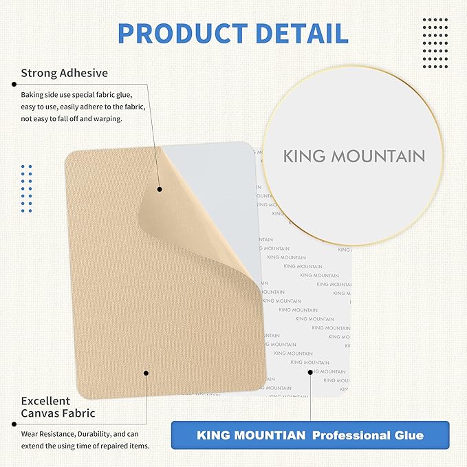 KING MOUNTAIN Canvas Repair Patch 5×8 Inch 8 Pcs Self-Adhesive Waterproof Fabric Patch for Sofas, Tents, Furniture,Tote Bags, Car Seats (Khaki)