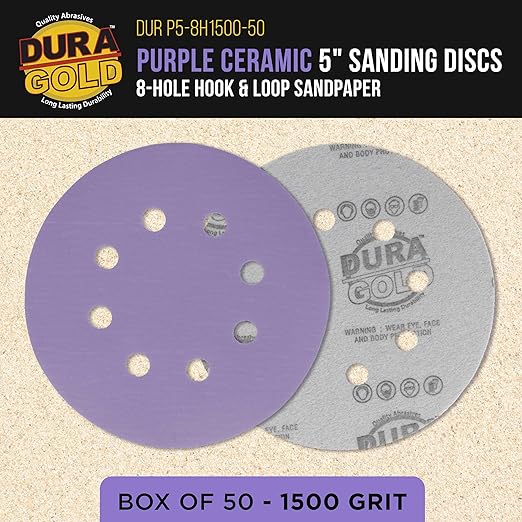 Dura-Gold Premium 1500 Grit 5" Purple Film Ceramic Sanding Discs, 8-Hole Pattern, Box of 50 - Dustless Hook & Loop Backing Sandpaper for DA & Random Orbital Sanders - Detail Color Sand Auto Paint Wood