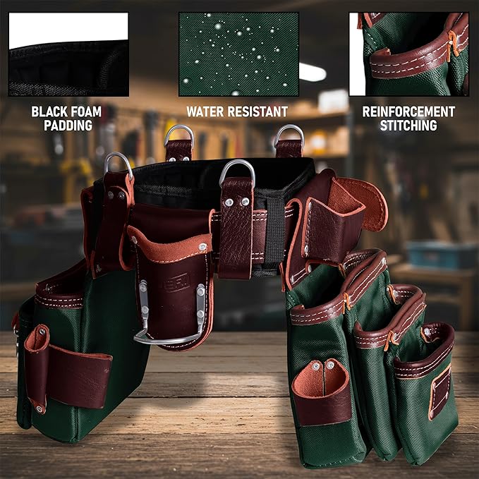 FUERI Nylon Leather Tool Belt Suspender Men Heavy Duty 26 Pocket Tools Bags Pouches Holder Organizer for Carpenter Construction Electrician Framer (Green & Maroon Tool Belt Set, Extra Large 42" - 48")