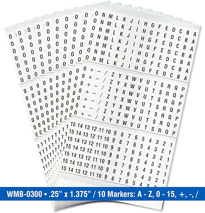 Premium Wire Marker Book for Cable Management, Vinyl-Coated, High-Tack Adhesive, Electric Panel Wire Label Stickers - 10 Pages, 1 Book, Legends A-Z, 0-15 (Pack of 5)