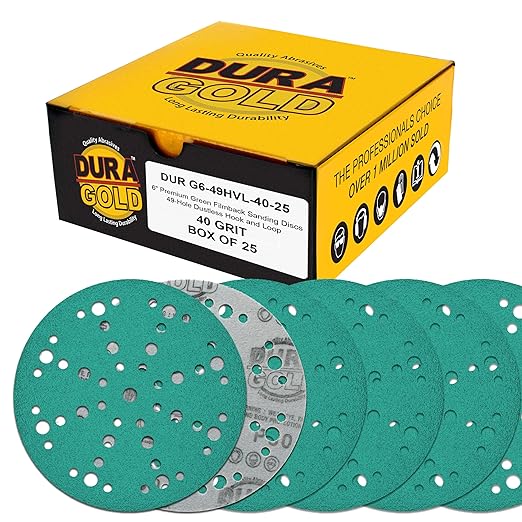 Dura-Gold Premium 40 Grit 6" Green Film Sanding Discs, 49-Hole Pattern, Box of 25 - Heavy-Duty Dustless Hook & Loop Backing Sandpaper for DA & Random Orbital Sanders, Sand Auto Paint, Wood Furniture