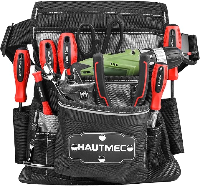 HAUTMEC Heavy Duty Framing Tool Belt Electrician Tools Pouch Organizer Work Belts For Men, 12-Pocket 1680D Tool Bag with Waist Strap Hammer Holder and 360°Reflective Strips, Black