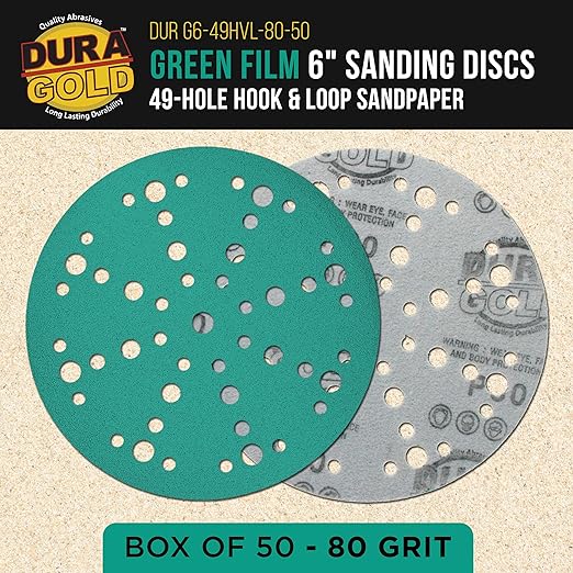 Dura-Gold Premium 80 Grit 6" Green Film Sanding Discs, 49-Hole Pattern, Box of 50 - Heavy-Duty Dustless Hook & Loop Backing Sandpaper for DA & Random Orbital Sanders, Sand Auto Paint, Wood Furniture
