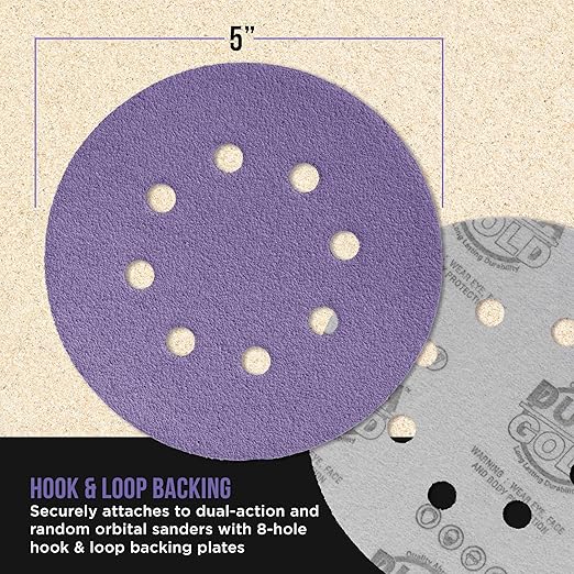 Dura-Gold Premium 5" Purple Film Ceramic Sanding Discs, 8-Hole Pattern, 50 Disc Variety Pack, Grits 60, 80, 120, 180, 220, 320, 400, 600, 800, 1000 - Hook & Loop Sandpaper, DA & Random Orbital Sander