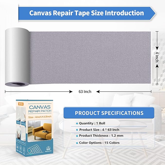 KING MOUNTAIN Canvas Repair Tape,Outdoor Gear Patch, 4×63 Inches,Waterproof,Self-Adhesive for Repairing Boat Covers,Sun Shades,Sofas,Tents,Lounge Chairs,Awnings (Light Grey)