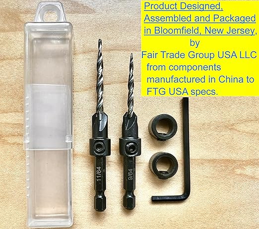 FTG USA Countersink Drill Bit Set #6 (9/64") and #8 (11/64") Wood Countersink Drill Bit, Tapered Countersink Bit, Stop Collar, Hex Wrench, Woodworking Countersink Drill Bits