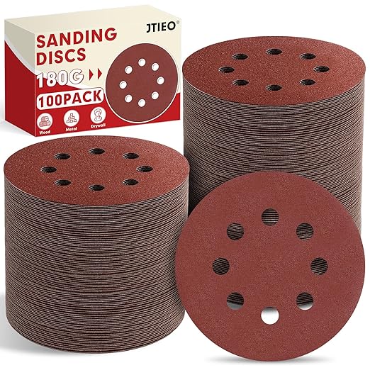 JTIEO 5 Inch Sanding Discs – 100 PCS 180 Grit Sandpaper Assortment, Hook & Loop Orbital Sander Pads, Round Sanding Pads for Random Orbital Sanders
