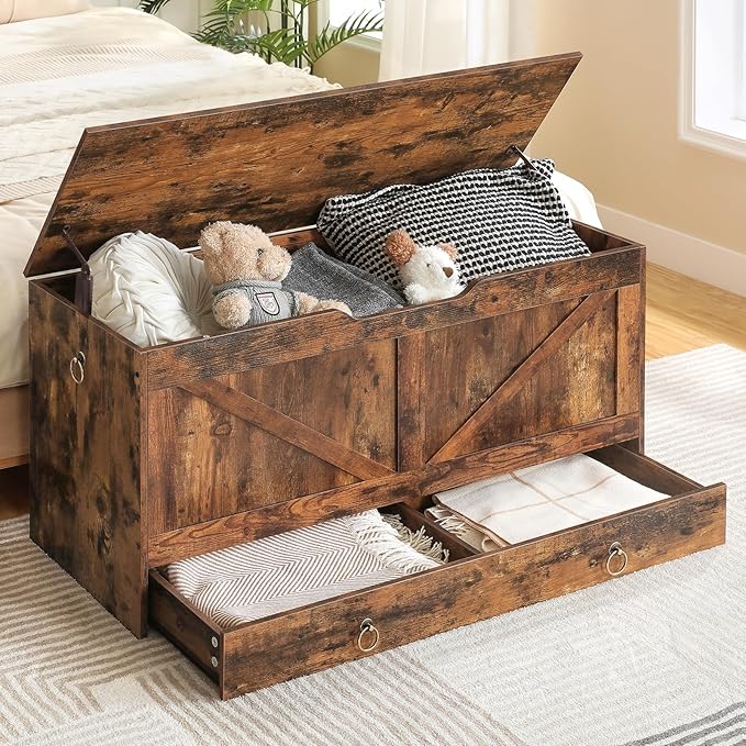 HOOBRO Storage Chest, 39.3" Toy Chest with Drawer, Wooden Storage Bench, Sturdy Entryway Bench Supports 220 lb, Shoe Bench, Safety Hinge, U-Shaped Opening, Easy Assembly, Rustic Brown FG710CW01G1