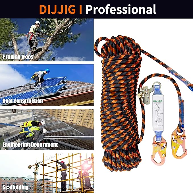Rope Harness Safety Lanyard 50ft Vertical Roofing Rope with Grab Snap Hooks Shock Absorber Fall Protection Tree Climbing Line Kit Heavy Duty Roof Safety Equipment ANSI CE