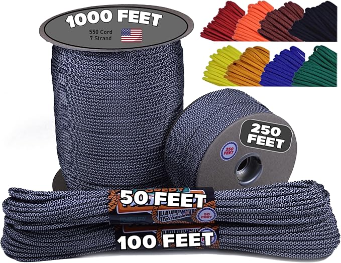 BORED? PARACORD! 550 lb Paracord - Ideal for Crafting, Camping, DIY Projects, Active & Military Outdoors - Strong Survival Rope - Tactical Parachute Cord Type III - Silver Diamonds 250 Feet