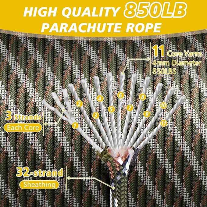850Ib Reflective Paracord Rope, 50/100/200/500/1000ft 4MM 11 Strand Parachute Cords, Survival Paracord Rope String Tie Down for Crafting, Tent, Camping, Hiking, Fishing, Camo Green 500FT