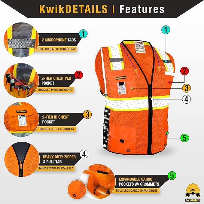 KwikSafety - BIG KAHUNA DIGITAL Safety Vest [LIMITED EDITION] Class 2 ANSI OSHA Reflective Vest Durable High Visibility Vest Construction Safety Vest for Men Industrial Work Gear/Orange XL
