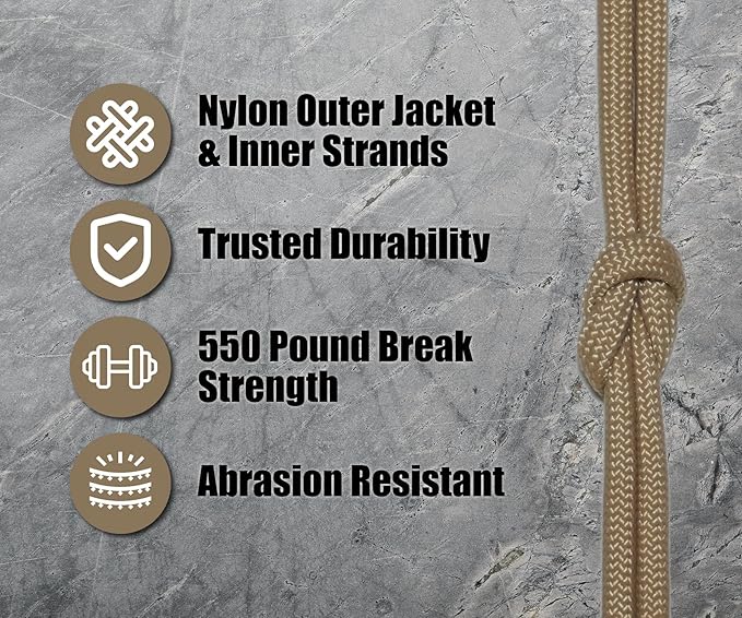 BORED? PARACORD! 550 lb Paracord - Ideal for Crafting, Camping, DIY Projects, Active & Military Outdoors - Strong Survival Rope - Tactical Parachute Cord Type III - Light Tan 50 Feet
