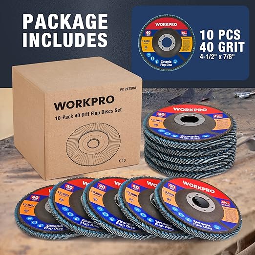 WORKPRO 10-Pack Flap Discs, 4-1/2-inch, Arbor Size 7/8-inch, T29 Zirconia Abrasive Grinding Wheel and Flap Sanding Disc, Includes 40 Grits