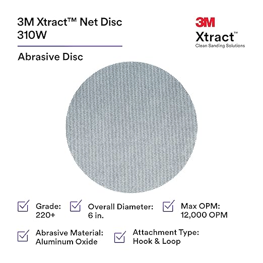 3M Xtract Net Disc 310W, 220+, 6 in, Die 600Z, Pack of 50 Hook and Loop Sanding Discs, Virtually Dust-Free, Value Option for Metal, Wood, Composites, Stock Removal, and Fine Finishing