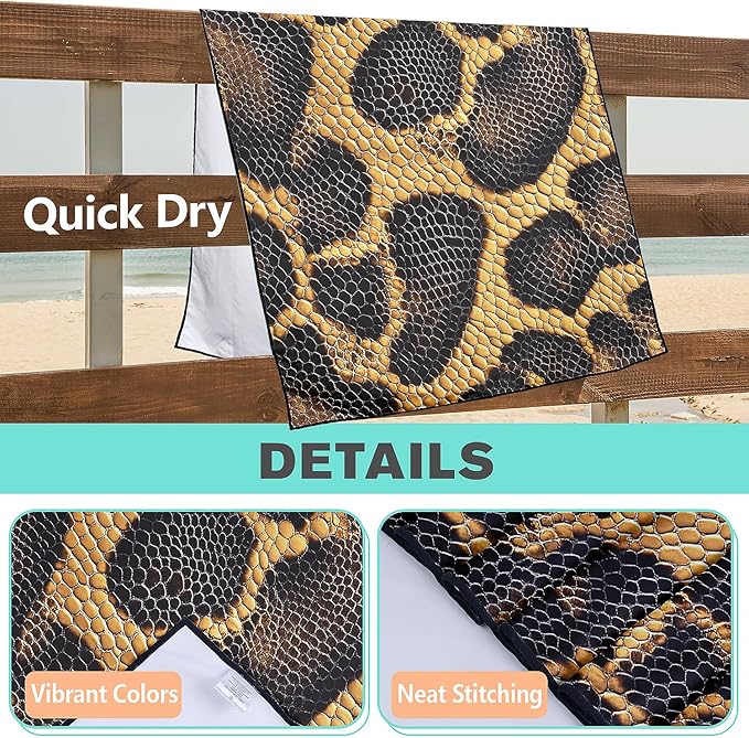 Snake Skin Pattern Beach Towel Oversized 36" x 72", Thin Lightweight Sand Free Quick Dry Microfiber Towel for Swimming Pool Cruise Camping Travel