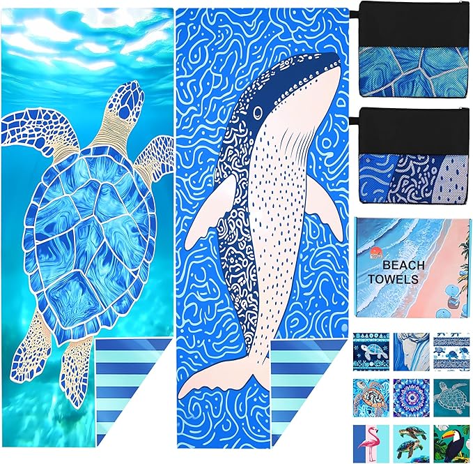 2 Pack Microfiber Beach Towel Oversized 71"x32" Sand Free Quick Dry Absorbent Lightweight Thin , Compact Towels for Travel Swimming Pool Yoga Gym Camping Beach Accessories Vacation Essentials Gift
